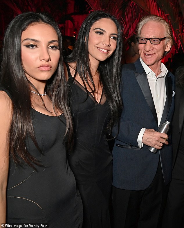 The weekend stroll comes in the wake of news that Alfallah (second from left) has split from Pacino and has since moved on with comedian and talk show host Bill Maher; pictured are Remi Alfallah, Noor Alfallah and Bill Maher