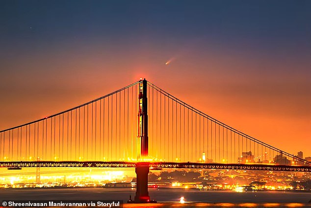 Comet A3 was captured early Friday morning in San Francisco, California, just at sunrise as it traveled over the Golden Gate Bridge