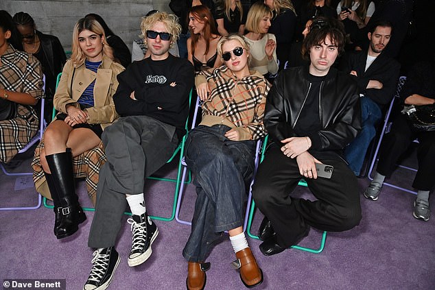 Molly Moorish-Gallagher, Lennon Gallagher, Anais Gallagher and Gene Gallagher attend this year's Burberry Summer 2025 show during London Fashion Week