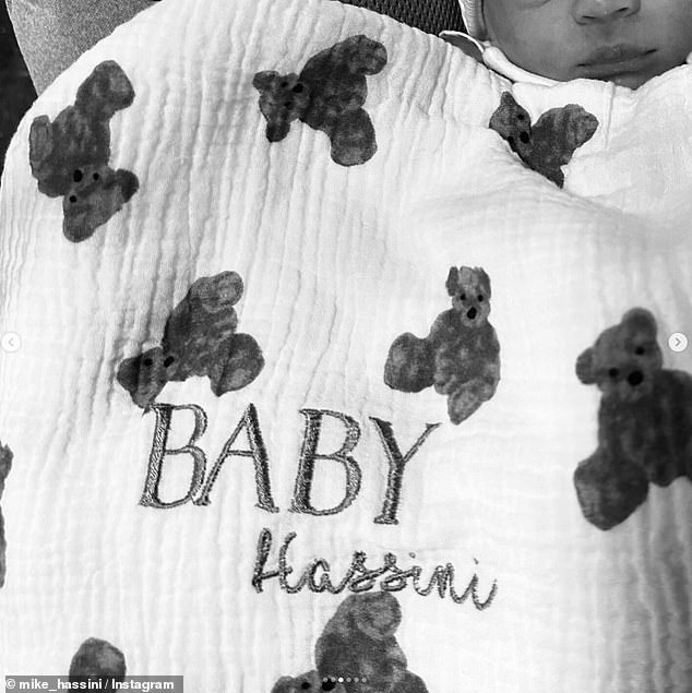 The couple shared a photo of their baby daughter sleeping while swaddled in a 'baby Hassini' blanket covered in teddy bears