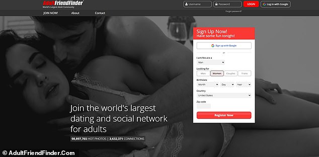 The landing page for AdultFriendFinder.com where an account has been created linked to Hertel's email