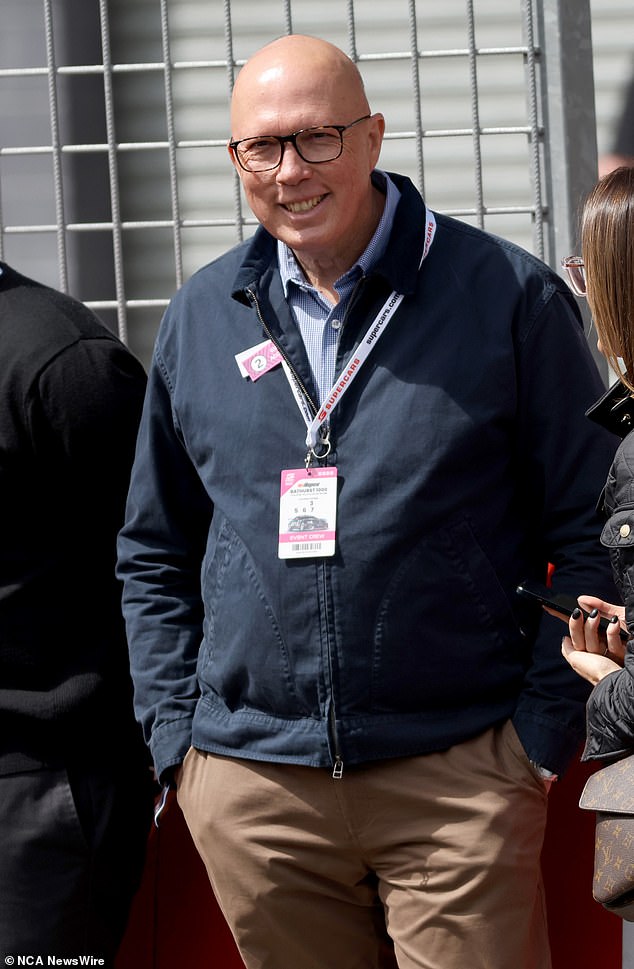 It is the first time that the coalition has taken the lead in the poll since the 2022 elections were lost. However, their leader, Peter Dutton (pictured at the Bathurst 1000 on Sunday), remains behind Mr Albanese as the 'better Prime Minister'