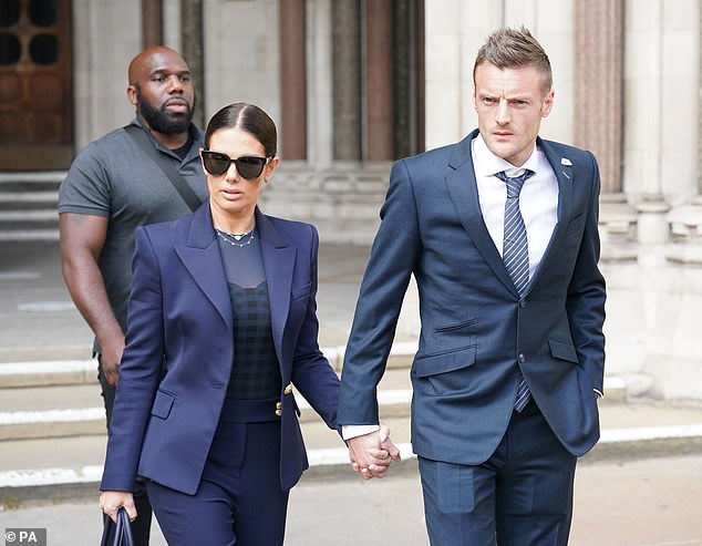 Rebekah Vardy, pictured with husband Jamie outside the Royal Courts of Justice in May 2022, was accused of sharing private information about Coleen Rooney with the Sun newspaper.