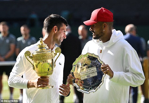 Kyrgios (right) is yet to win a men's singles title at a Grand Slam, despite reaching the 2022 Wimbledon final, where he was defeated by Novak Djokovic (left)