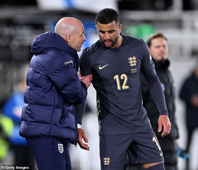 Interim manager Carsley was pictured speaking to defender Kyle Walker on the side of the pitch