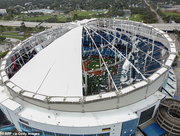 A drone image shows the dome of Tropicana Field ripped open due to Hurricane Milton in St. Petersburg, Florida, on October 10, 2024