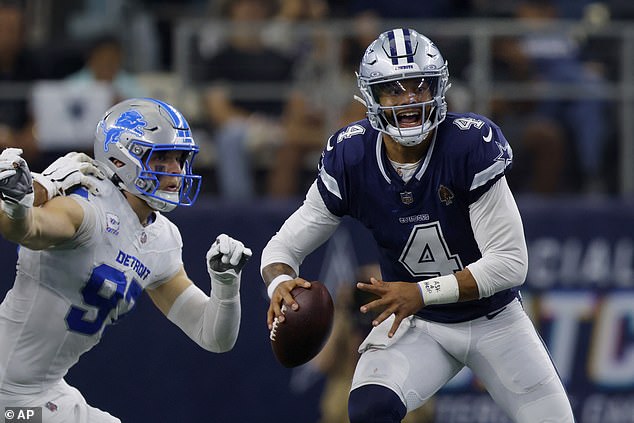 Hutchinson (left) suffered the injury early in the third quarter while trying to tackle Dak Prescott