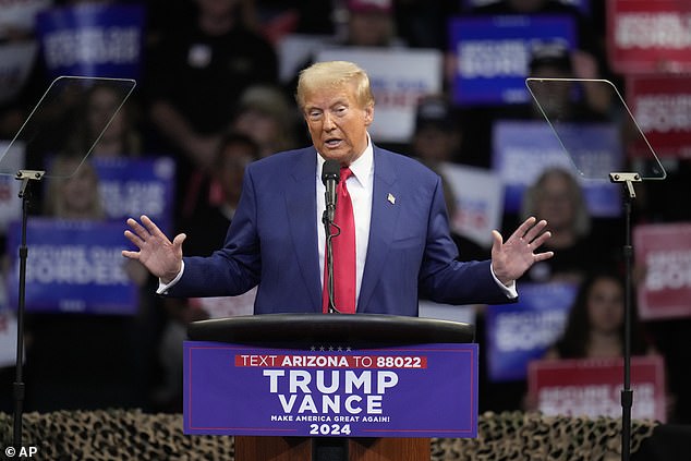 Republican presidential candidate, former President Donald Trump, speaks during a campaign rally at the Findlay Toyota Arena on Sunday, October 13, 2024 in Prescott Valley, Arizona. He was supported by the National Border Patrol Council at the event