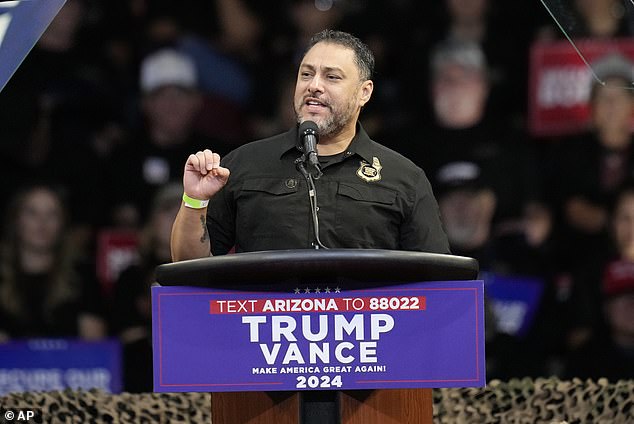 Paul Perez, chairman of the National Border Patrol Council, speaks for Republican presidential candidate former President Donald Trump at a campaign rally