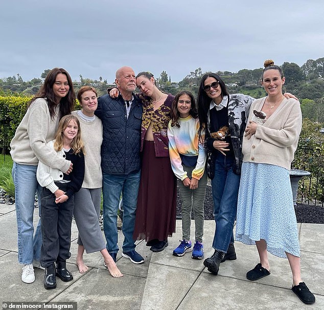 The blended family shares outings together involving Willis, his wife Emma Heming, 46, their two daughters Mabel, 12, and Evelyn, 10, Moore, 61, and daughters Tallulah, 30.