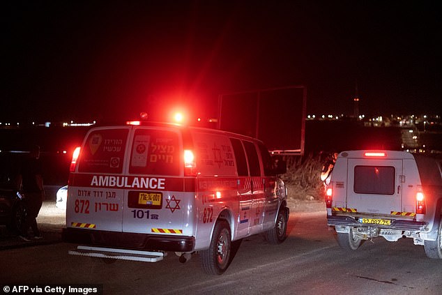 An ambulance arrives at the scene of a drone strike near the northern Israeli city of Binyamina