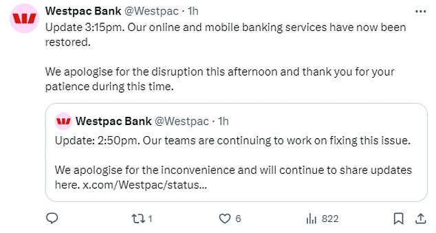 Westpac apologized to customers on X, formerly known as Twitter, for the 'interruption' and thanked users 'for your patience during this time'