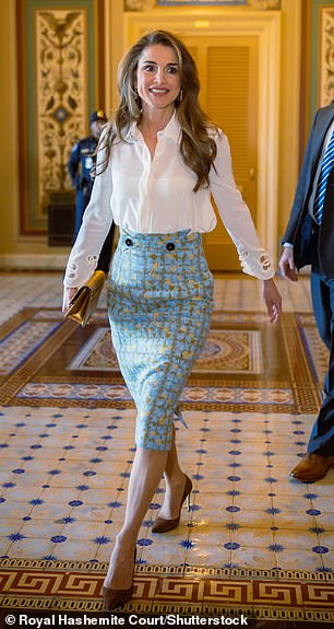 Queen Rania of Jordan wore a Dior pencil skirt during a visit to Washington in February 2023