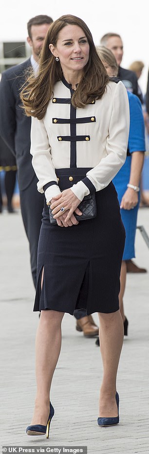 The other pencil skirt in the princess's closet comes from Alexander McQueen. She wears it (above) while visiting Portsmouth in 2016