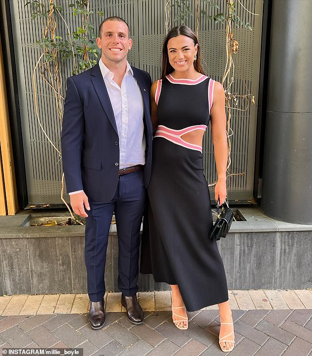 Elliott has won four premierships in her career and is pictured here alongside her husband and Newcastle star Adam Elliott. The couple married in 2023