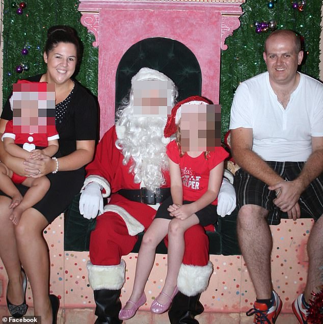 Prior to her reign of terror, Langshaw lived a seemingly idyllic lifestyle in a Perth suburb with her husband Jamie and their two daughters (all pictured in a photo of Santa Claus)