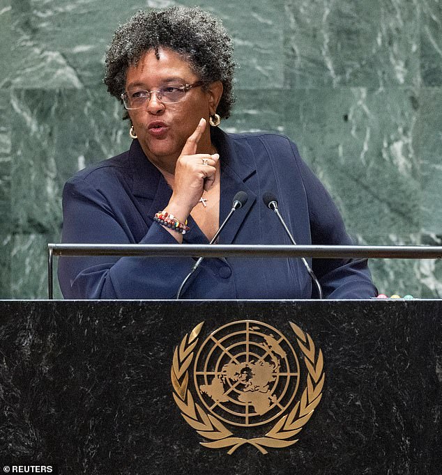 Barbados Prime Minister Mia Amor Mottley addresses the 79th United Nations General Assembly last month. She is leading West Indian demands that Britain pay billions in compensation for its role in the slave trade