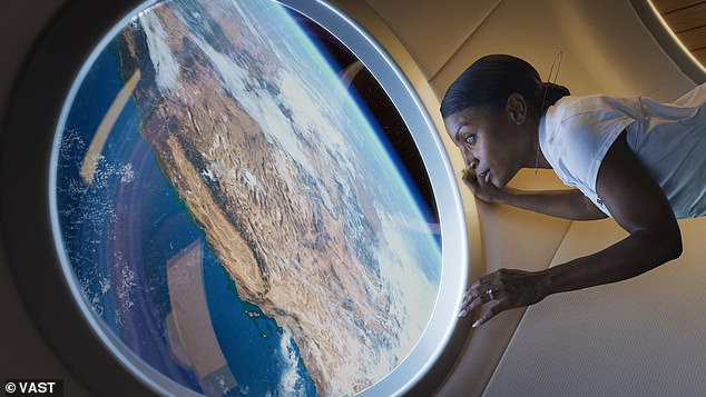 The space station features a central window, allowing astronauts to experience a full view of Earth