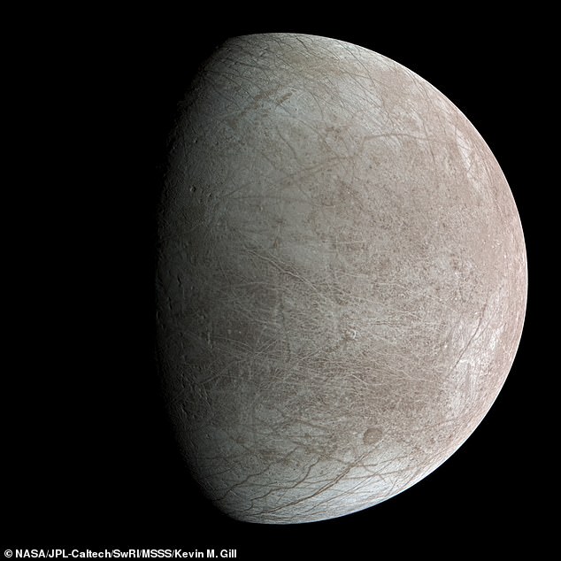 Europa consists of an icy shell, estimated to be about 15 miles thick, and a very thin atmosphere. It is shown here as imaged by the Juno spacecraft, September 2022