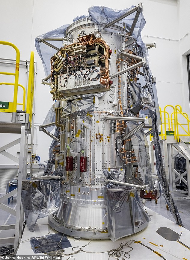 The main body of the spacecraft is a massive 10-foot-tall propulsion module designed and built by the Johns Hopkins Applied Physics Laboratory (APL) in Laurel, Maryland.