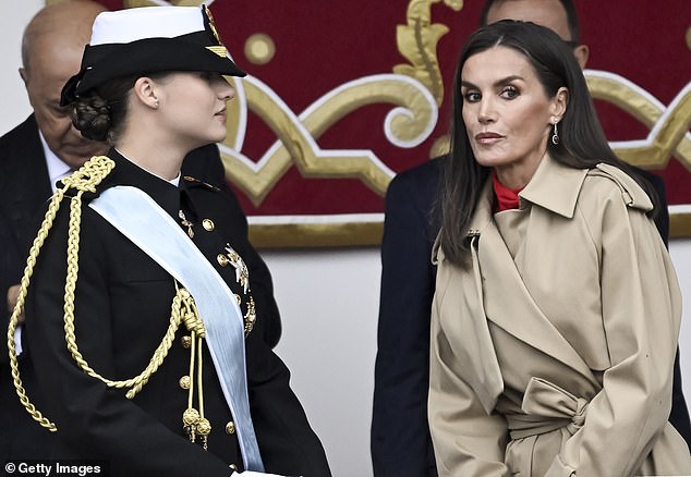 MOTHER AND DAUGHTER MOMENT: At one point, Queen Letizia (pictured, right) was snapped talking to the eldest daughter, Princess Leonor (pictured, left)