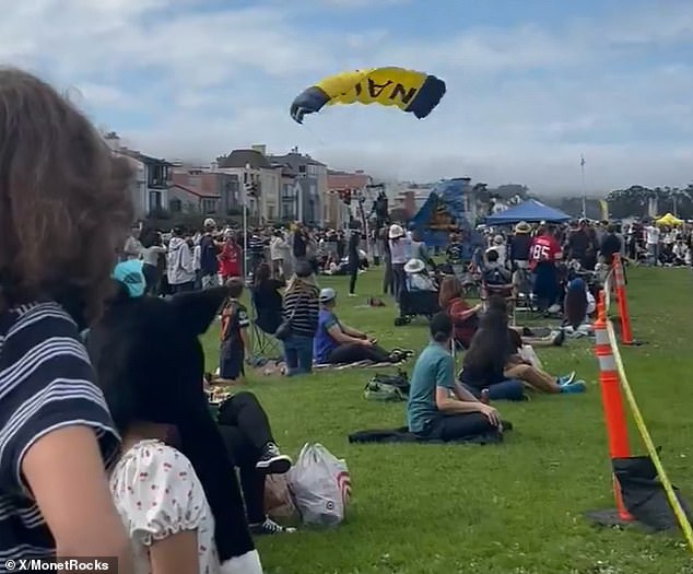 People were heard shouting 'ohhhh' and 'oh no' as the second parachutist floated down before accidentally landing on the mother and child.