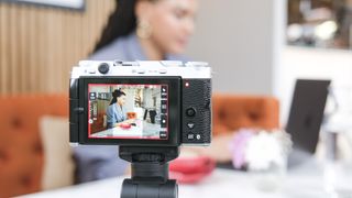 Fujifilm X-M5 in a conference room recording video using the vertical 9:16 mode