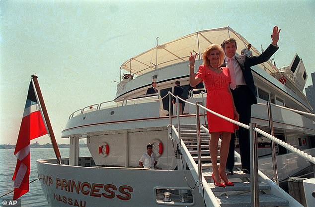 Real estate developer Donald Trump and his wife Ivana wave to reporters as they board their luxury yacht The Trump Princess in New York City on Monday, July 4, 1988