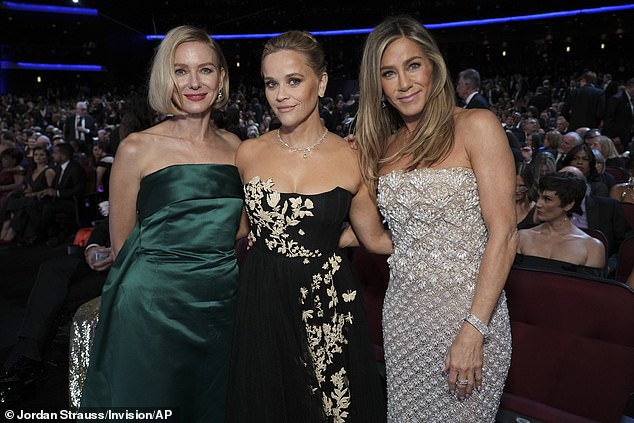 Center with Naomi Watts, left, and Jennifer Aniston, right, at the Emmys in September