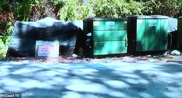 Prosecutor Tim Dean shared a photo of dumpsters as he told the jury: 'In the middle of the night she killed him, her own son, got into her car with his body, drove to a dumpster and then threw him away in one piece. of waste.'