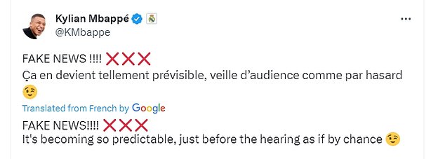But Mbappé shared a newspaper article about the alleged rape on X and wrote: 'Fake News!'