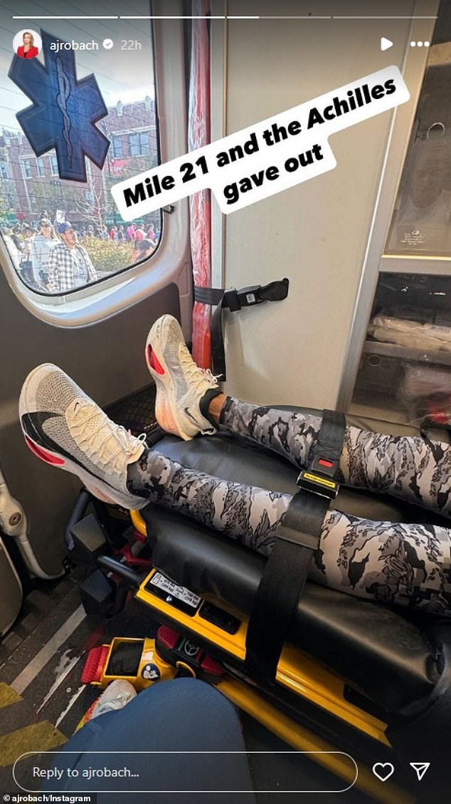 His 51-year-old partner later took to her Instagram Story to reveal what the injury was, writing: 'Mile 21 and the Achilles gave up'