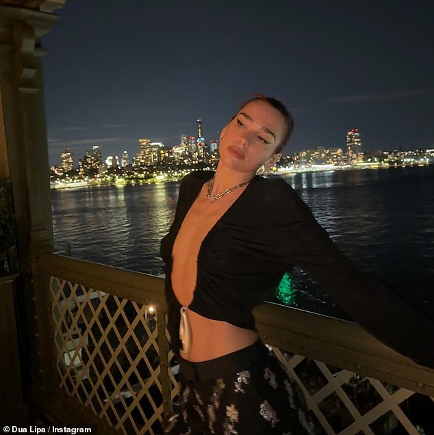 In another photo, Dua sizzled as she posed in front of the city skyline in a plunging black top