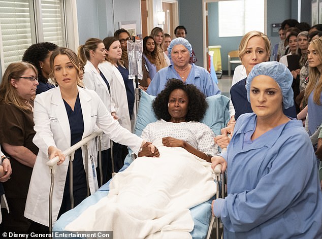 Finch (far right wearing surgical cap) appeared in a few episodes of Grey's Anatomy, taking elements from Beyer's past trauma to use in episodes