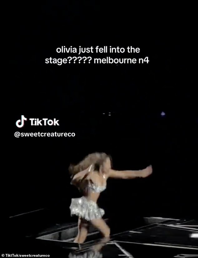 The pop star, 21, took to the stage in front of about 14,000 fans at Melbourne's Rod Laver Arena on Monday night for her fourth and final concert in the city. She put on her usual energetic performance but left fans horrified during a tense moment when she suddenly fell through a hole in the stage.