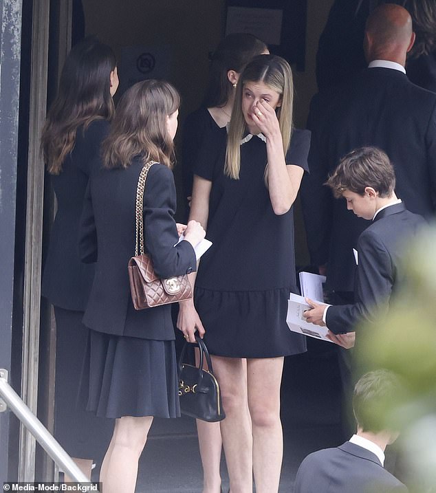 Sunday Rose was seen crying outside the service, which was held at St Francis Xavier Church in Lavender Bay