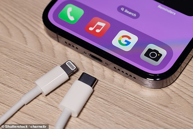 The iPhone SE 4 will almost certainly switch from the Apple Lighting Cable charger (left) to the USB-C charger (right), which has been standard on iPhone models since the iPhone 15 (stock image)