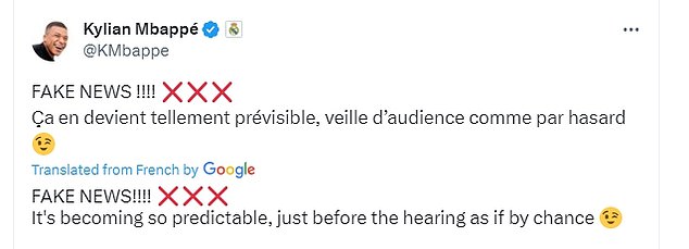 But Mbappé shared a newspaper article about the alleged rape on X and wrote: 'Fake News!'