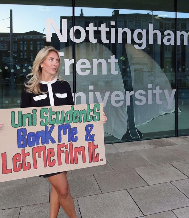 Bonnie held up the sign her mother made at Nottingham Trent University, where she slept with 158 'barely legal' teenage boys, and filmed it for her OnlyFans account