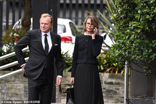 Her younger sister Antonia, 53, was also in attendance, along with her loving husband Craig Morran, who comforted her outside the church.