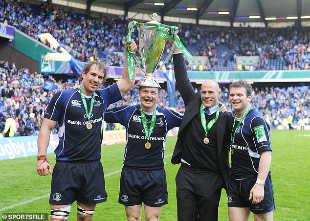 Pictured from left to right: Rocky Elsom, Brian O'Driscoll, half Felipe Contepomi and Gordon D'Arcy celebrate winning the 2009 Heineken Cup with Leinster