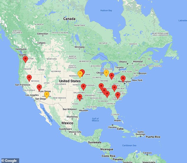 This map shows the location of Google's data centers in the US. The ones highlighted in yellow are under development