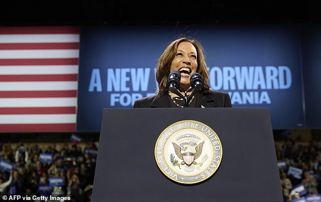 U.S. Vice President and Democratic presidential candidate Kamala Harris speaks during a campaign event at the Erie Insurance Arena in Erie, Pennsylvania, on October 14, 2024