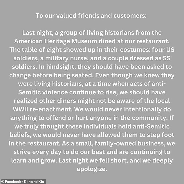 The restaurant's full explanation and apology, which was posted to Facebook on Sunday, the day after the incident