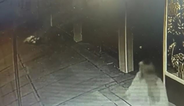 The man was followed by a woman (right) in the footage, which showed him appearing to collapse on the sidewalk in front of her (top left)