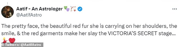 Another person said: 'The beautiful face, the beautiful red fur she wears on her shoulders, the smile and the red clothes make her slay the Victoria's Secret stage'