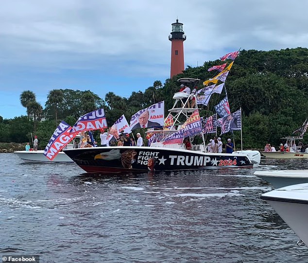 A huge boat was seen filled with Trump flags and a sticker surrounding it with the presidential candidate's face on it