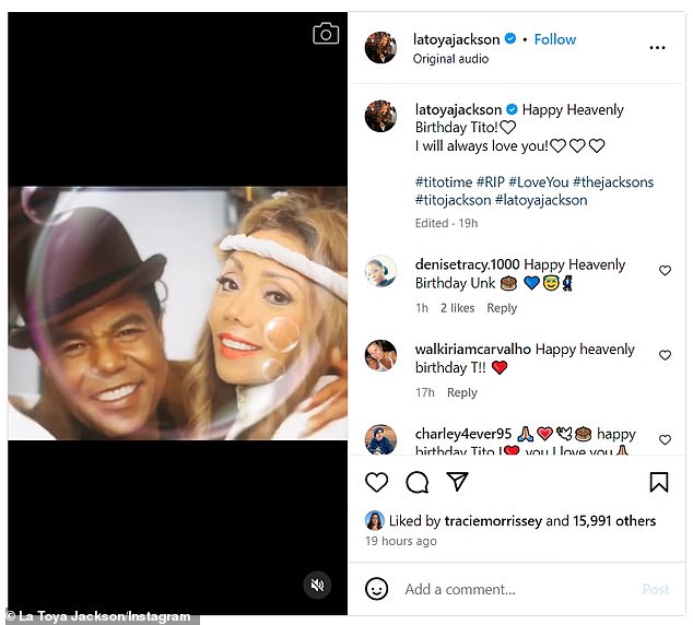 Janet's sister La Toya Jackson shared a video on Instagram on Tuesday with the caption: 'Happy Heavenly Birthday Tito! I will always love you!'