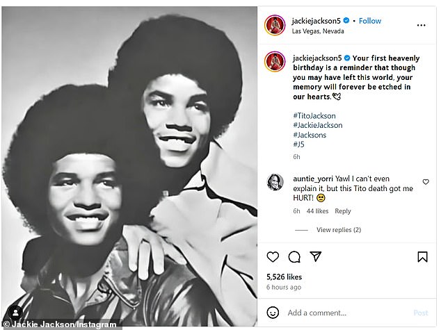 Jackson's brother Jackie Jackson posted a photo to Instagram on Tuesday with the caption: 