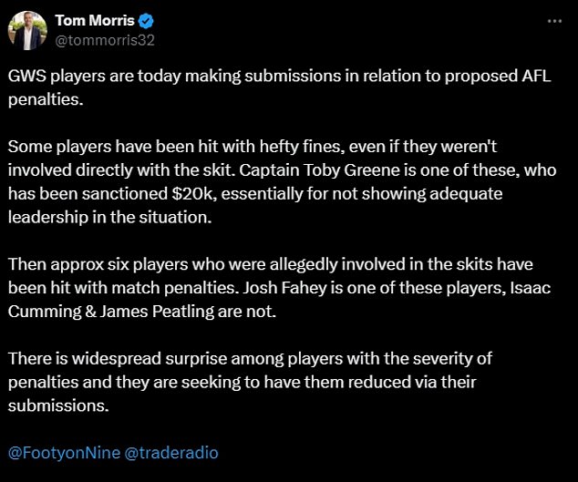 Journalist Tom Morris claimed that up to six players allegedly involved in the skits were given penalties